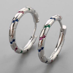 #NEW 925 Sterling Silver Colorful Diamond Round Hoop Earrings